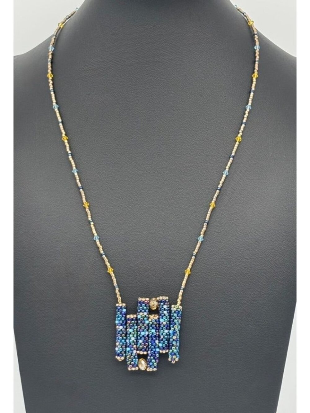 Artisan-Made Necklace Blue Seed Beads Swarovski Crystals W/Sterling Silver Clasp